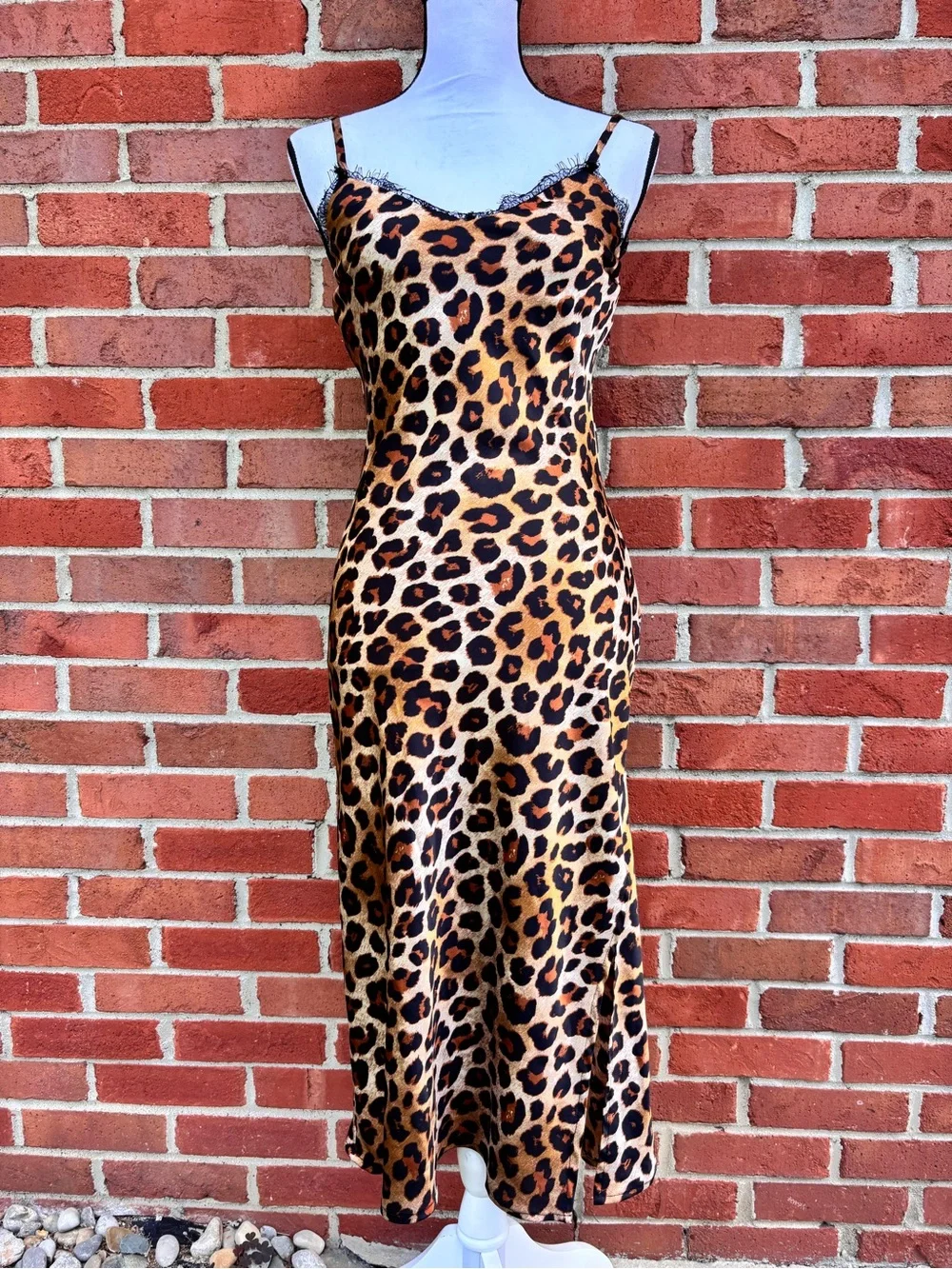 Leopard Print Satin Spaghetti Strap Midi Slip Dress  Lace Trim Womens Small